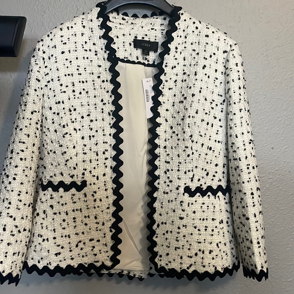 NWT J.Crew Going Out Blazer in Black White Ivory Spotted Tweed Open Jacket 6P